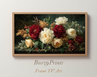 Moody Vintage Floral Frame TV Art | Dark Academia Peonies | Oil Painting 4K