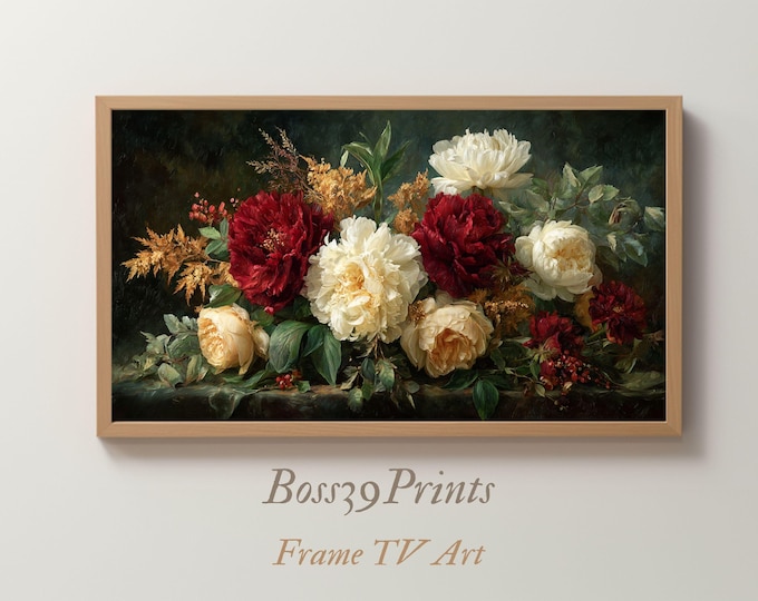 Moody Vintage Floral Frame TV Art | Dark Academia Peonies | Oil Painting 4K