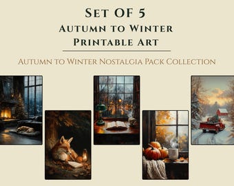 Cozy Autumn Christmas Printable Wall Art Set of 5, Vintage Dark Academia Print Print