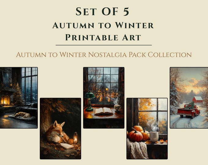 Cozy Autumn Christmas Printable Wall Art Set of 5, Vintage Dark Academia Print Print