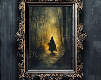 Moody Forest Witch Print, Dark Cottagecore Gothic Lantern Art (Digital Download)