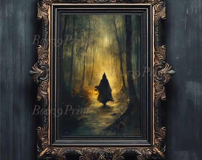 Moody Forest Witch Print, Dark Cottagecore Gothic Lantern Art (Digital Download)