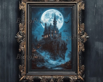 Gothic Castle Art Print, Full Moon, Vampire Decor (Digital Download)