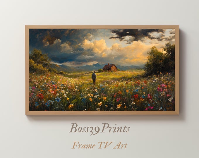 Moody Farmhouse Landscape Oil Painting | Spring Wildflower Meadow, Figure (Digital Download)