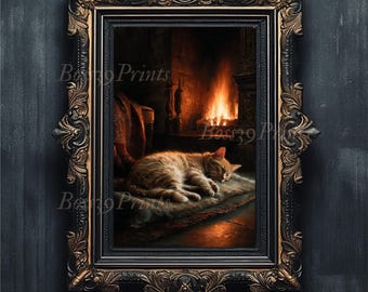 Cozy Cat by Fireplace Print, Dark Academia Wall Art (Digital Download)