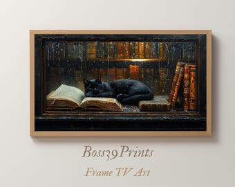 Cozy Black Cat Samsung Frame TV Art | Dark Academia Rainy Library Wallpaper
