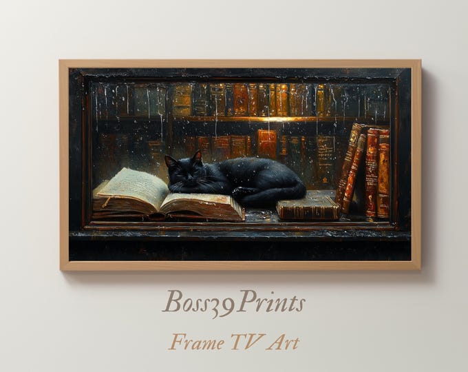 Cozy Black Cat Samsung Frame TV Art | Dark Academia Rainy Library Wallpaper
