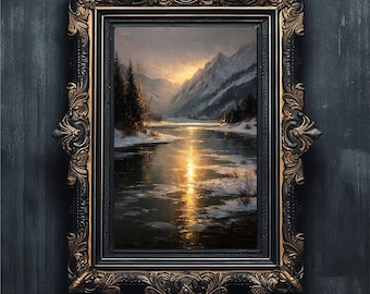 Moody Winter Lake Art | Golden Hour Mountain Print | Vintage Solstice Landscape #6-04