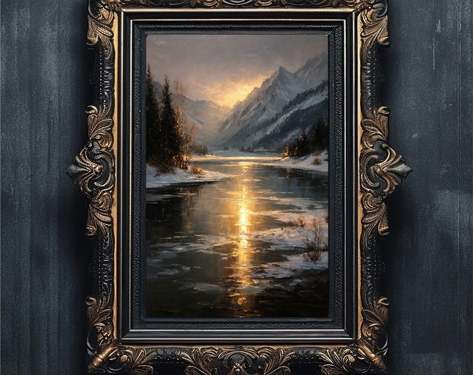 Moody Winter Lake Art | Golden Hour Mountain Print | Vintage Solstice Landscape #6-04