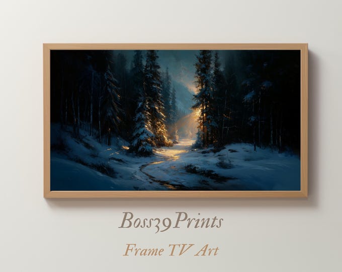 Moody Winter Landscape Frame TV Art | Golden Hour Forest Path | Vintage Solstice #6-3