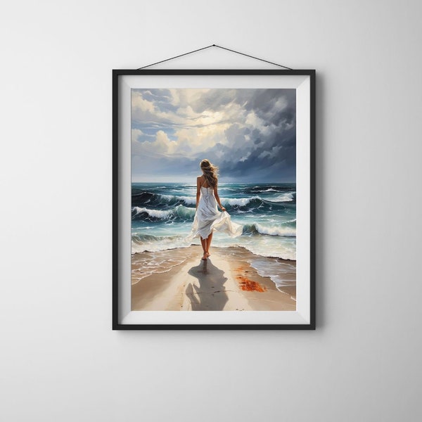 Seaside Serenity - Elegant Woman in White Dress Canvas Art - Ocean Wall Decor #6-16