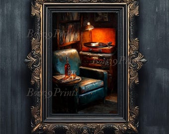 Vintage Record Player Art Print, Rainy Night Still Life (Digital Download)