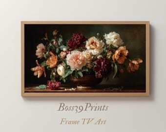 Samsung Frame TV Art | Moody Floral Still Life | Vintage Oil Painting | Dark Academia | Dutch Master | Dusty Pink & Burgundy | Spring