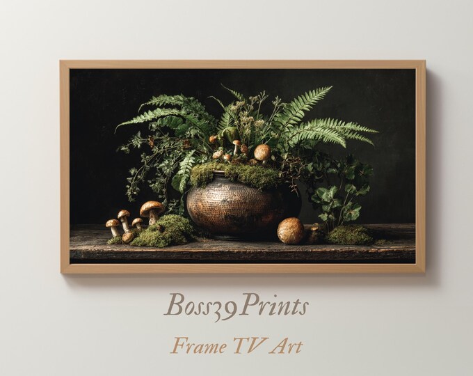 Moody Forest Mushroom Still Life | Vintage Copper Vase Frame TV Art
