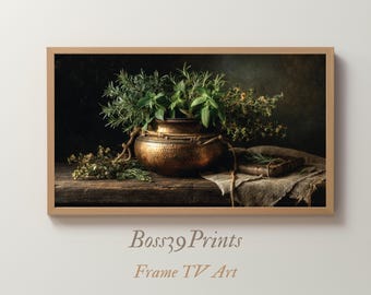 Moody Herb Still Life | Vintage Copper Vase Frame TV Art