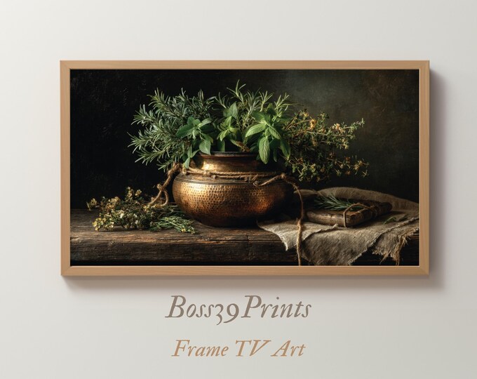 Moody Herb Still Life | Vintage Copper Vase Frame TV Art