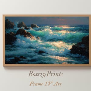May include: A framed print of an ocean scene with crashing waves and rocky cliffs. The artwork features shades of teal, blue, and gold, with the text "Boss39 Prints Frame TV Art" at the bottom.