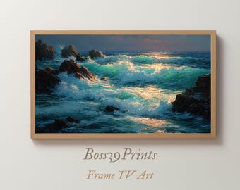 Teal Ocean Waves Oil Painting, Golden Hour Rocky Coast, Frame TV Art (Digital Download)