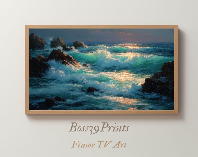 Teal Ocean Waves Oil Painting, Golden Hour Rocky Coast, Frame TV Art (Digital Download)