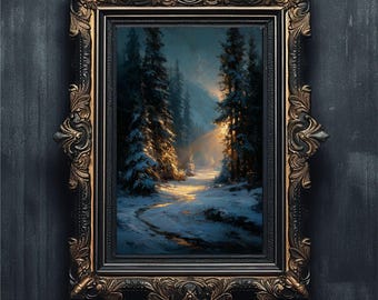 Moody Winter Landscape Art | Golden Hour Forest Path | Vintage Solstice Painting #6-03