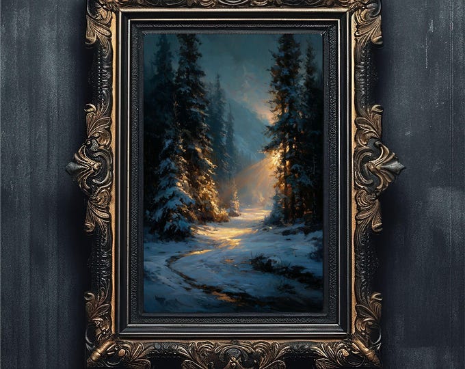 Moody Winter Landscape Art | Golden Hour Forest Path | Vintage Solstice Painting #6-03