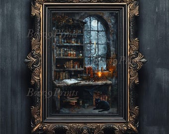 Witch's Apothecary Oil Painting Print, Black Cat, Dark Academia Decor (Digital Download)
