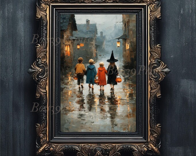 Nostalgic Halloween Print, Trick-or-Treat Painting, Spooky Autumn Decor (Digital Download)
