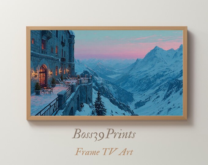 Alpine Hotel Balcony View | Moody Winter Sunset Frame TV Art (Digital Download)