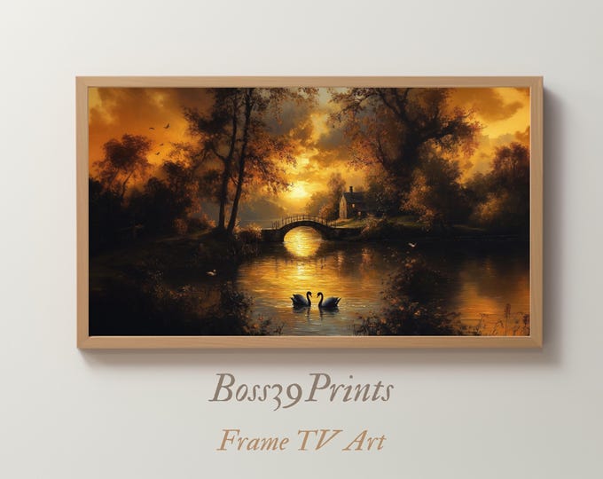 Vintage Black Swan Frame TV Art | Romantic Cottage Landscape | Moody Digital Wallpaper