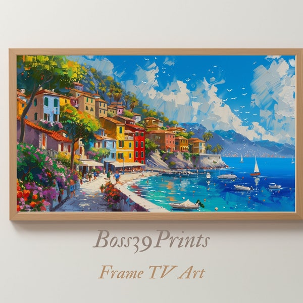 Mediterranean Coastal Village Frame TV Art, Vintage Style, Oil Painting, Summer Art, Digital Download #7-28