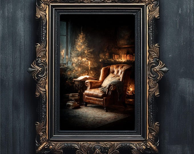Cozy Christmas Reading Nook | Moody Holiday Art | Dark Academia Oil Painting #5-020
