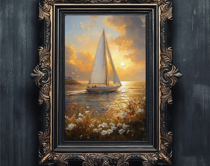 Vintage White Sailboat Oil Painting | Moody Coastal Landscape Art | Sunset Ocean Meadow Print