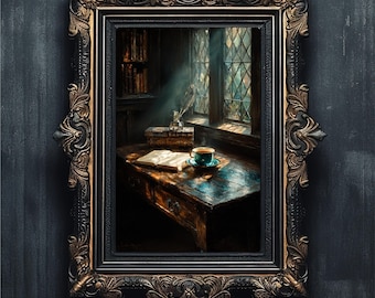 Dark Academia Desk Print, Quill, Ink, Cozy Study (Digital Download)