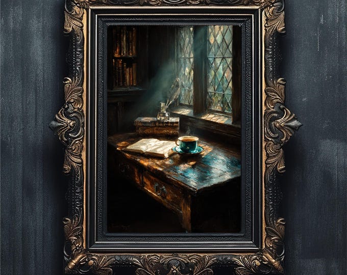 Dark Academia Desk Print, Quill, Ink, Cozy Study (Digital Download)