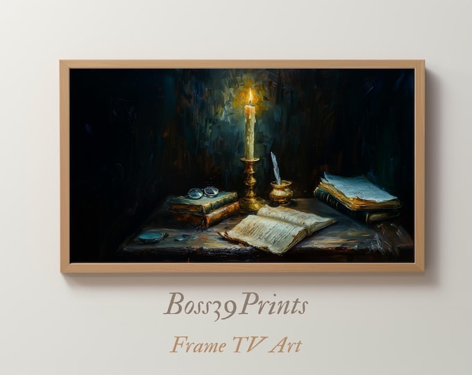 Dark Academia Frame TV Art, Moody Scholar Desk Still Life (Digital Download)