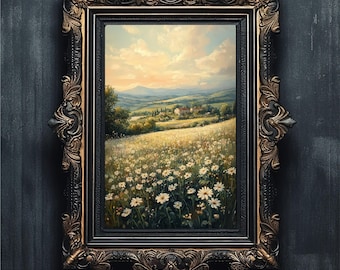 Neutral Spring Wildflower Field Oil Painting | Vintage Farmhouse Landscape Art | Mountain Meadow Print