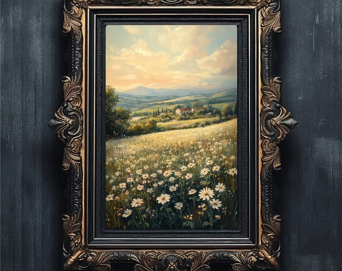 Neutral Spring Wildflower Field Oil Painting | Vintage Farmhouse Landscape Art | Mountain Meadow Print