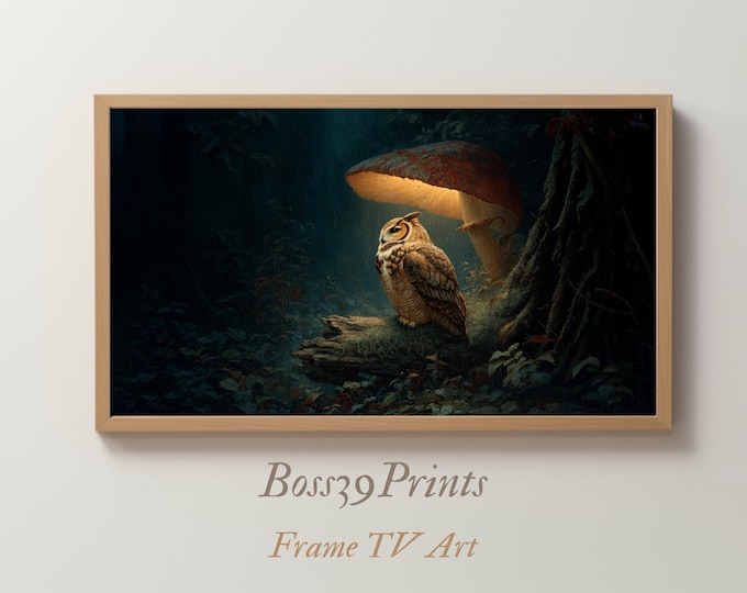 Scholarly Owl Frame TV Art, Enchanted Forest Mushroom Scene (Digital Download)