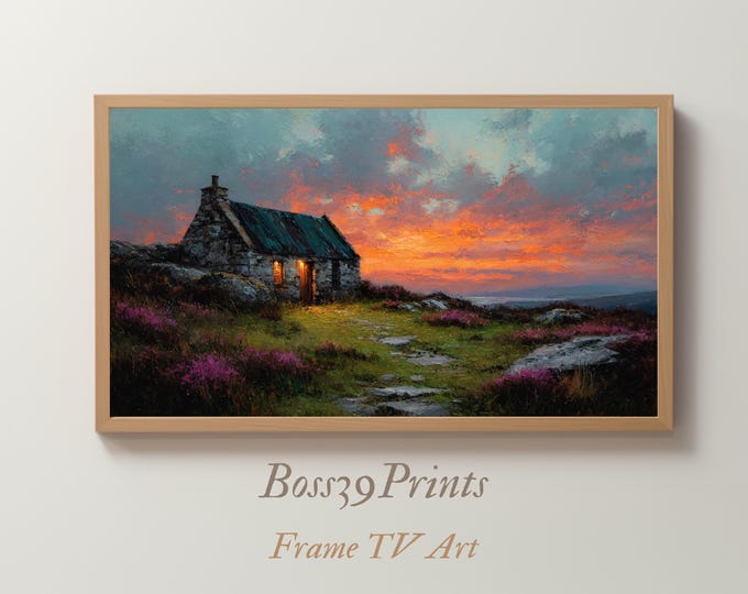 Moody Spring Cottage Landscape, Sunset Highland Home Print, Vintage Pastoral Sky, Rustic Frame TV