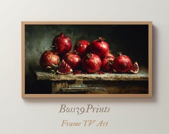 Moody Pomegranate Oil Painting Print | Dark Academia Kitchen Art | Vintage Red Fruit Still Life