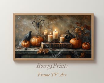 Moody Halloween Frame TV Art, Pumpkin, Crow, Gothic Still Life (Digital Download)