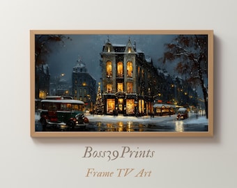 Snowy Bookstore Christmas Frame TV Art, Winter City Scene (Digital Download)