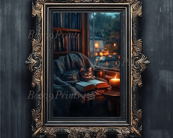 Dark Academia Cat Print, Cozy Library, Book Lover Gift (Digital Download)