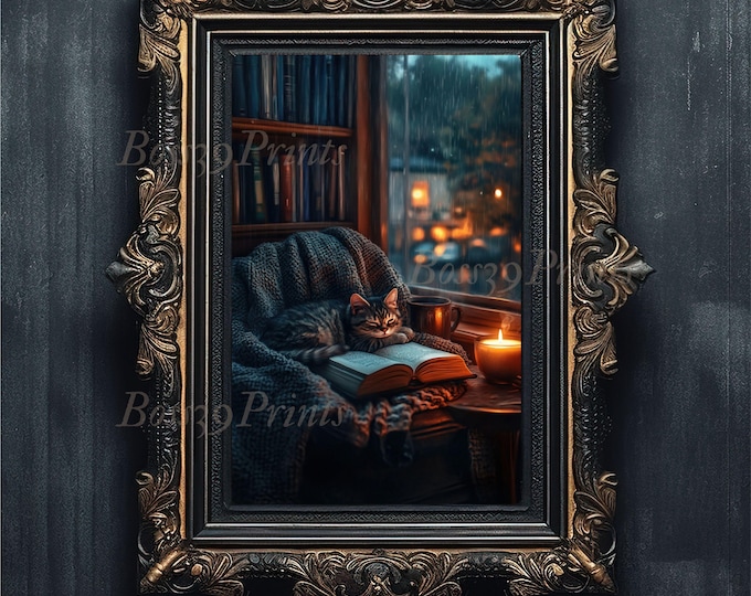 Dark Academia Cat Print, Cozy Library, Book Lover Gift (Digital Download)