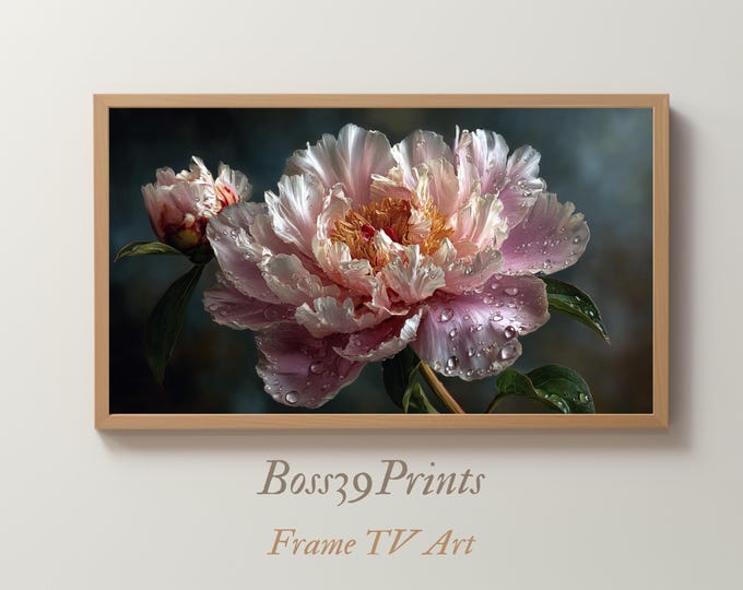 Pink Peony Frame TV Art, Vintage Floral Oil Painting, Dark Botanical Cottagecore Decor