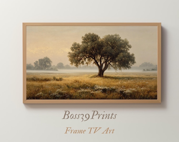 Samsung Frame TV Art | Vintage Lone Tree Painting | Golden Oak in Mist | Moody Morning Landscape | Farmhouse Decor | 4K