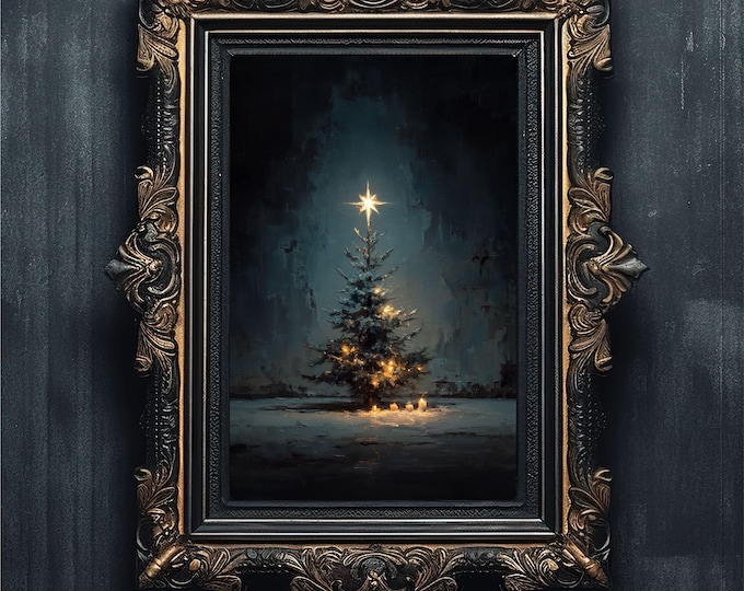 Moody Christmas Tree Art | Minimalist Holiday Decor | Vintage Winter Solstice Painting #5-018