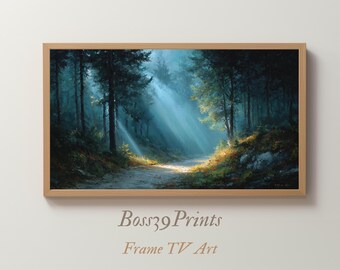 Moody Forest Landscape, Sunlit Path Print, Vintage Woodland Decor, Rustic Frame TV