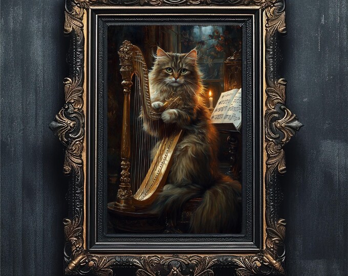 Cat Harp Vintage Oil Painting Printable Wall Art | Dark Academia Gothic Poster