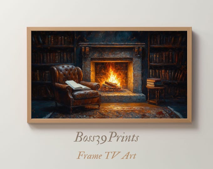 Cozy Fireplace Samsung Frame TV Art | Dark Academia Armchair Library Wallpaper